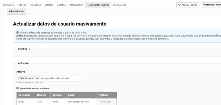 Pantalla Actualizar datos de usuario masivamente: nota, plantilla, selector de archivo y ejemplo del archivo a adjuntar