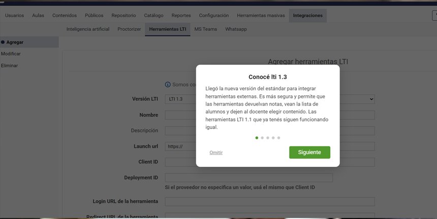 Pantalla Agregar herramientas LTI del campus: campos Versión LTI (LTI 1.3), Nombre, Descripción, Launch url, Client ID, Deployment ID y URLs de la herramienta