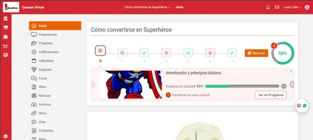 Campus Virtual — Inicio del curso con stepper de unidades, dona de avance y card de unidad