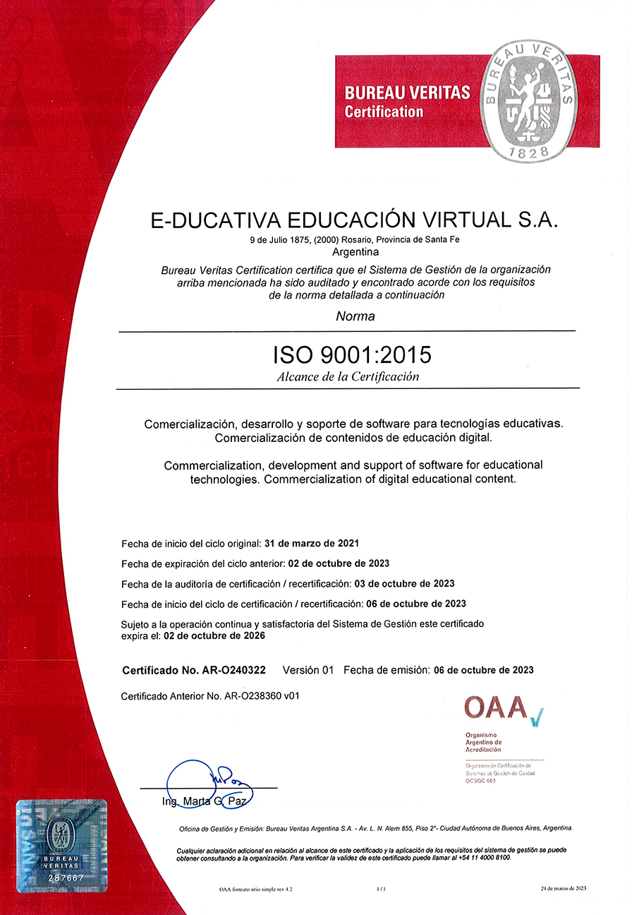 Certificado de calidad AR-O240322 Certificado de calidad (OAA-9001-2015) AR-O240322
