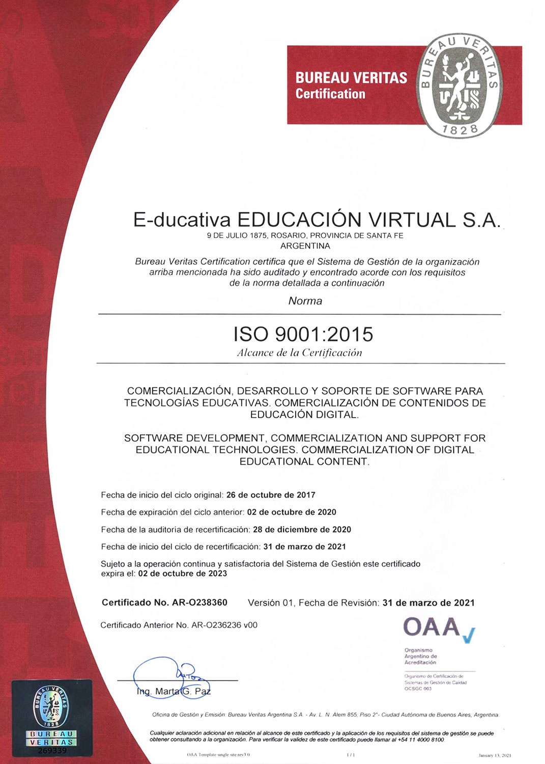 Certificado de calidad. OAA-9001-2015 AR-O238360